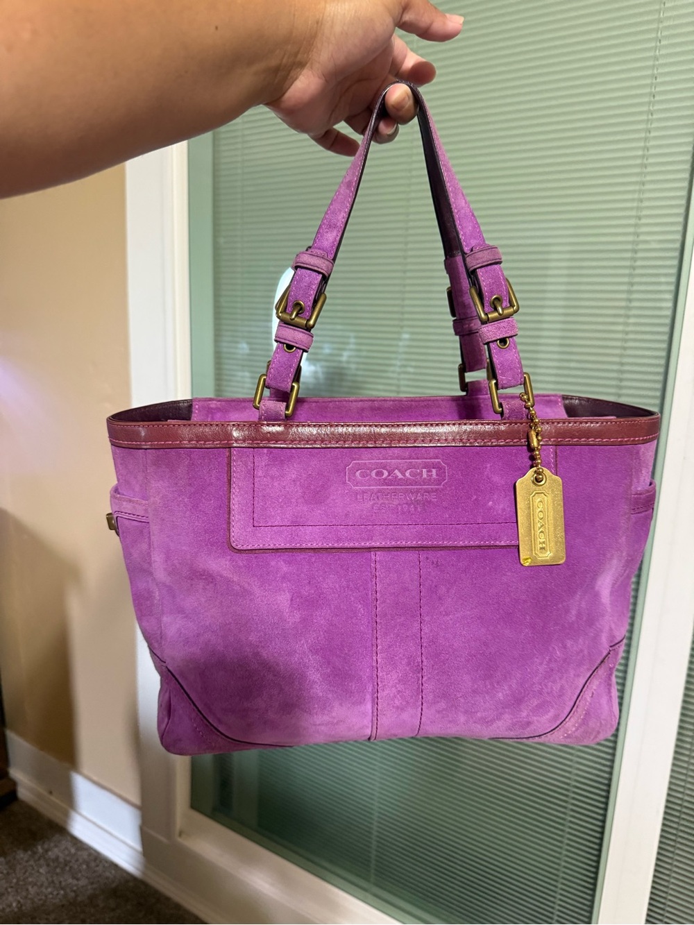 COACH Purple Suede Shoulder Tote with Gold-Tone Tag